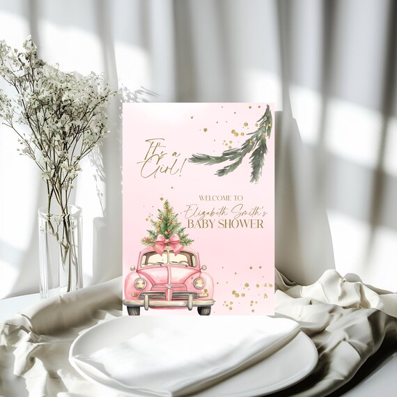 Editable Pink Christmas Car Welcome Sign | Holiday Pink Party Sign | Baby Shower It's a Girl Decor | Printable Christmas Decor