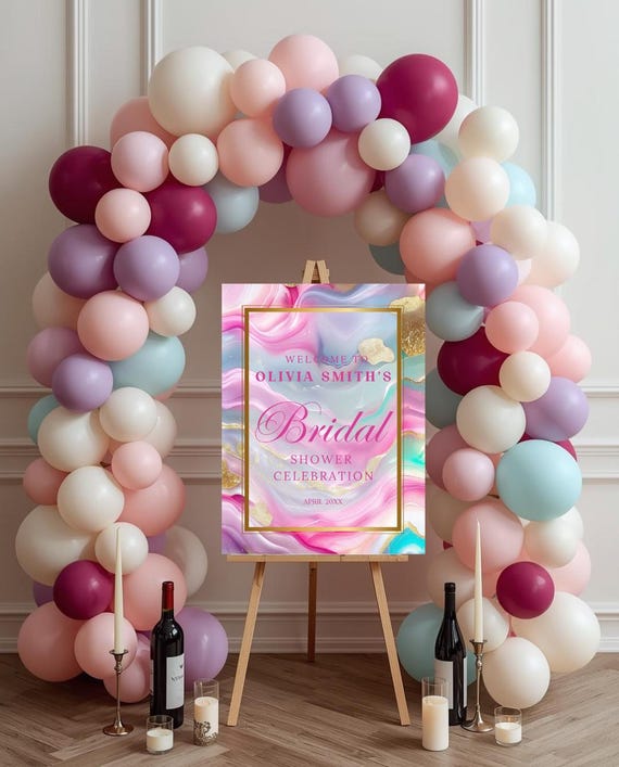 Bridal Shower Welcome Sign Editable Canva Template | Pastel Agate Gold Bridal Shower Decor | Instant Download