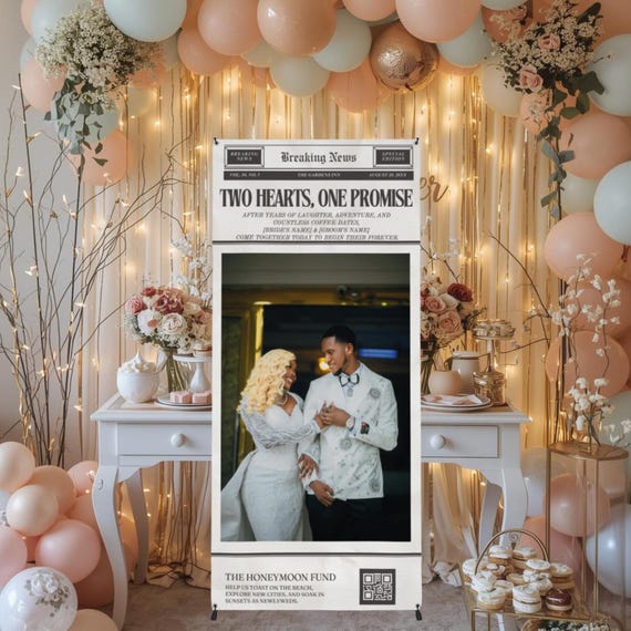 Newspaper Style Wedding Welcome Sign | Personalized Wedding Newspaper Sign | Honeymoon Fund Sign | Wedding Reception Entrance Decor