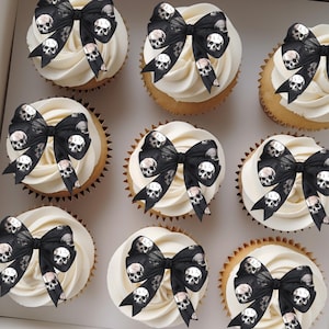 Personalized Edible Black Bow with Skulls Cupcake Topper | Spooky Halloween Cake Topper | Custom Skull Birthday Party Decor