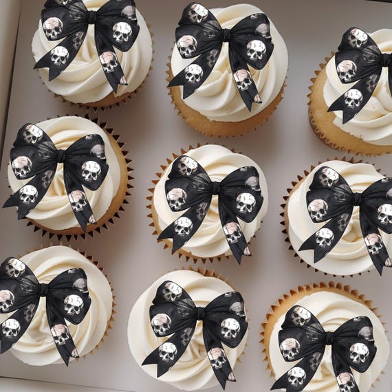 Personalized Edible Black Bow with Skulls Cupcake Topper | Spooky Halloween Cake Topper | Custom Skull Birthday Party Decor