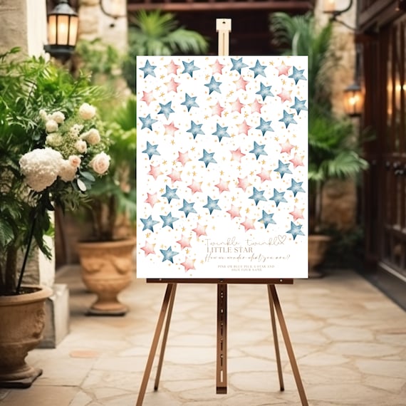Twinkle Twinkle Little Star Gender Reveal Sign - Pink and Blue Stars Guestbook Signs - How We Wonder What You Are - Gender Guess Party Decor