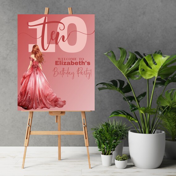 Princess Birthday Welcome Sign, Royal Party Entrance Decor, Red and Pink, Customizable Banner, Girls Birthday Decorations, Print, Digital