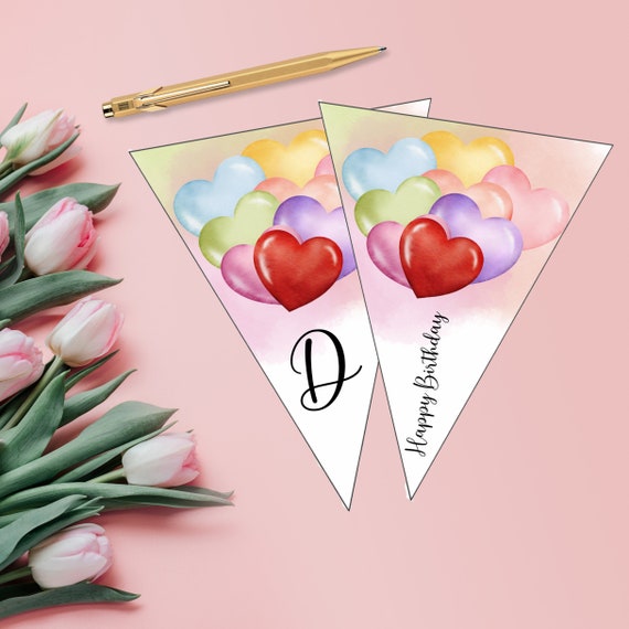 Rainbow Heart Balloon Birthday Bunting Banner, First Birthday Party Triangle Banners, Watercolor Heart Balloons, Instant Download #HBR