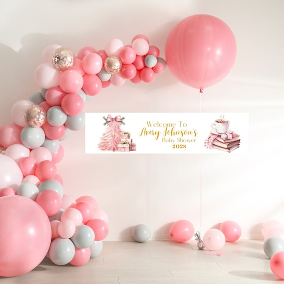 Pink Christmas Tree Baby Shower Banner Template, Blush Girl Sign, Pink Holiday Baby Shower Vinyl Signs, Editable Winter Party Banners