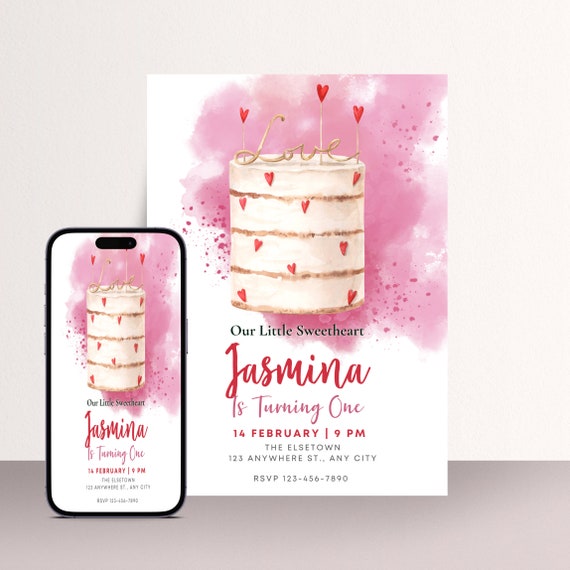 Valentine Day Party Invitation Template, Valentines Party Cake Hearts, Printable Invitations, Editable Template Print and Digital , #VAL