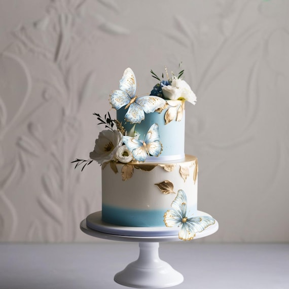 Edible Blue and Gold Butterfly Cake Topper - Elegant Cupcake Toppers Decor for Birthday, Baby Shower, Wedding, Gold Butterfly Party Decor