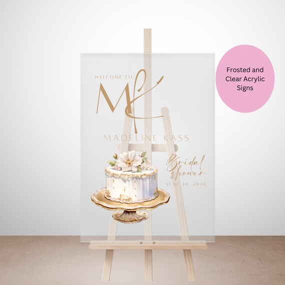 Editable Floral Bridal Shower Cake Acrylic Welcome Sign | Customizable Gold & White Elegant Printable Party Decor, Print and Digital