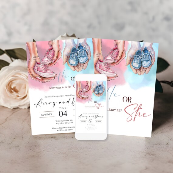 Editable Gender Reveal Invitation Template, Pink Blue Shoes Party Invite, Customizable Printable, Girl Boy Gender Reveal Decor, Baby Shower