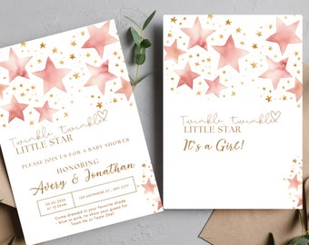 May include: Two baby shower invitations with a pink and gold star design. The text on the invitations reads "Twinkle, twinkle little star" and "It's a girl!"