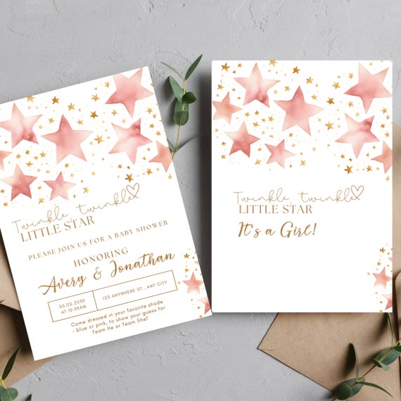 Editable Pink Stars Baby Shower Invitation Template - Twinkle Little Star - Printable Girl Invite - Customizable DIY Baby Shower Invitations