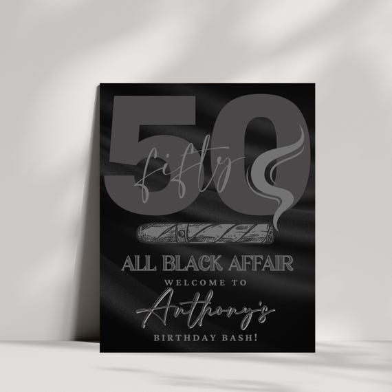 Editable All Black Cigar Affair Welcome Sign | Elegant Men's Birthday Party Poster | Customizable Any Age Cigar-Themed Celebration Signage