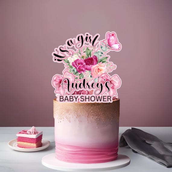 Custom "It's a Girl" Baby Shower 3D Cake Topper | Floral Pink Bow Design | Personalized Party Decoration | Gender Reveal Cake Decor