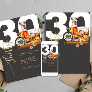 Adult Whiskey and Cigar Birthday Invitation, Editable Any Age Men&#39;s Birthday Invite, Printable Bday Invitations Template, Print and Digital