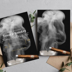 Adult Smokes & Toast Birthday Invitation, Editable Any Age Men's Birthday Invite, Printable Bday Invitations, Instant Download #AWC