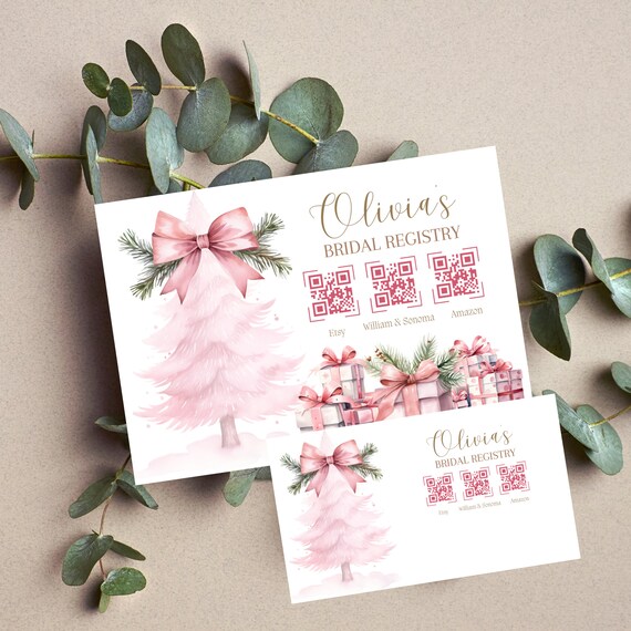 Pink Christmas Tree Bridal Shower Registry Card Template, Holiday Theme Printable Registry Cards, Editable Bridal Registry, Instant Download
