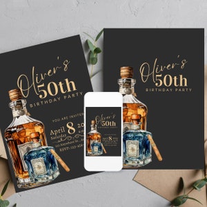 Adult Whiskey and Cigar Birthday Invitation, Editable Any Age Men&#39;s Birthday Invite, Printable Bday Invitations, Print and Digital