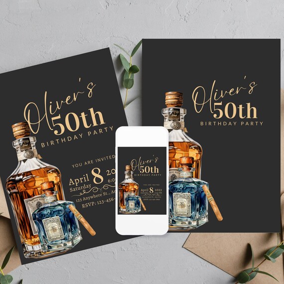 Adult Whiskey and Cigar Birthday Invitation, Editable Any Age Men's Birthday Invite, Printable Bday Invitations, Print and Digital