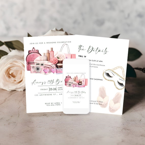 Chic Pink Birthday Weekend Invitation - Girls Getaway Itinerary, Spa Day, Cruise, Ladies Night - Printable Vacation Template