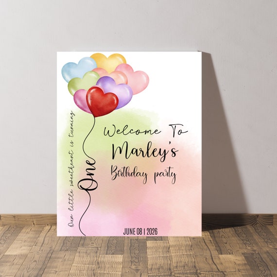 Rainbow Heart Balloons Birthday Welcome Sign, First Birthday Signs, Digital Party Banner, Watercolor Heart Balloon, Instant Download #HBR