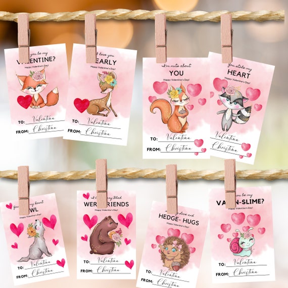 Kids Valentine Day School Cards, Forest Animal Valentines Printable Card, Editable Woodland Animal Valentine Cards, Instant Download #VALE