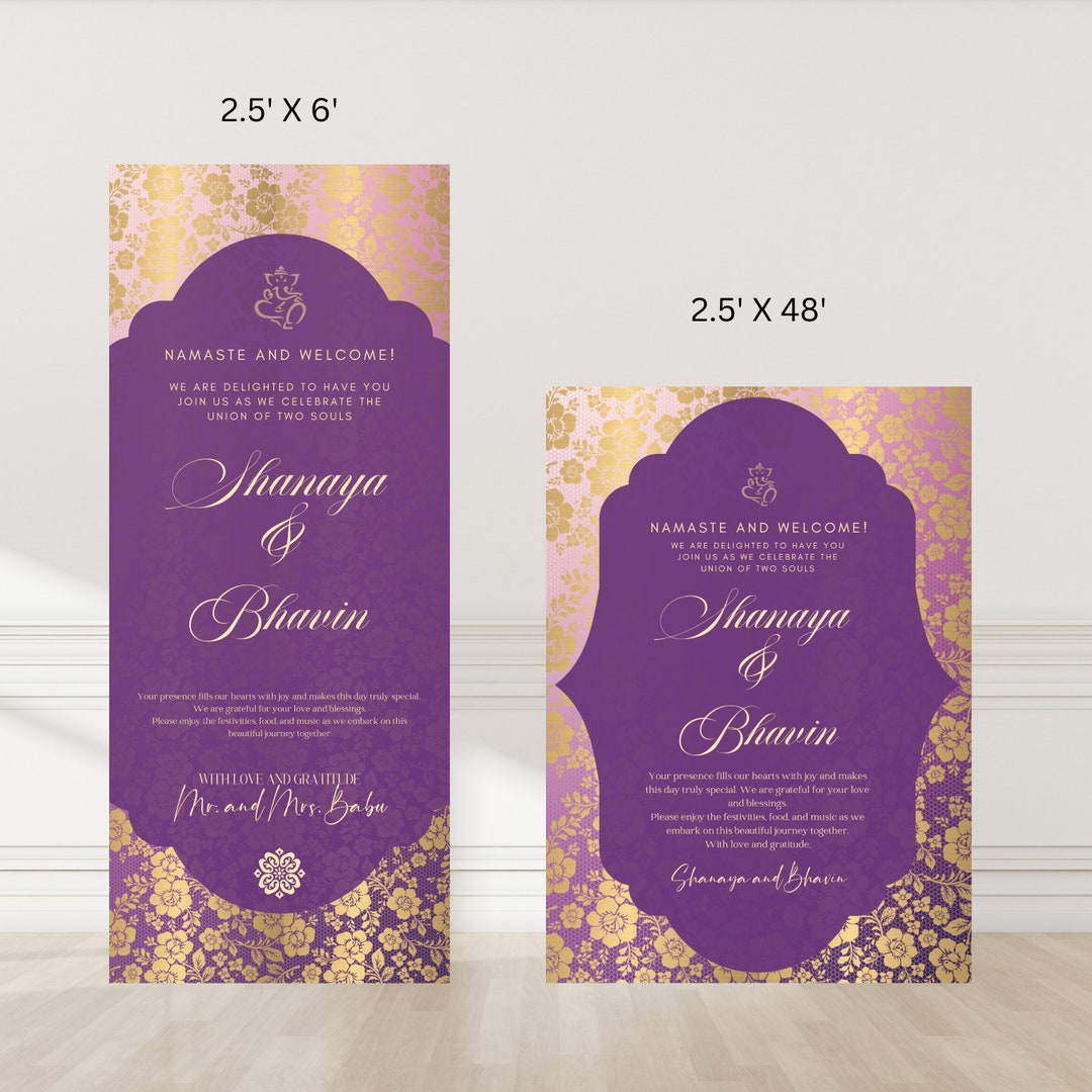 Editable Purple and Gold Traditional Indian Wedding Welcome Floor Sign ...