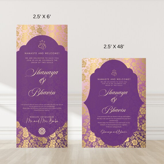 Editable Purple and Gold Traditional Indian Wedding Welcome Floor Sign | Personalized Wedding Event Entrance Signage Decor