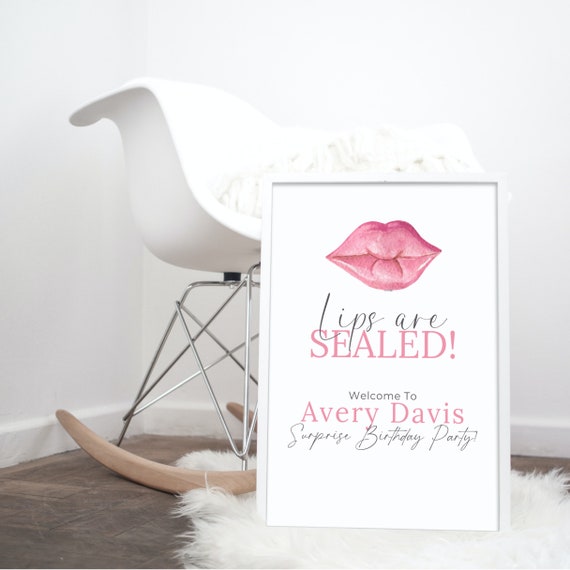 Editable Pink Sealed Lips Birthday Welcome Sign Template - Printable & Digital | Surprise Party Banner for Women | Lip Theme Signs