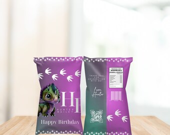 Editable Dinosaur Chip Bag Labels | Dino Party Snack Treats Template | Personalized Jurassic Party Favor Printable Bags, Print and Digital