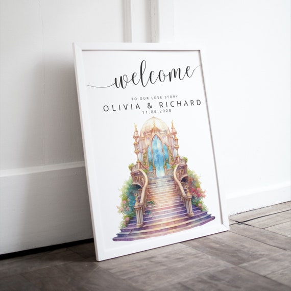 Fairytale Wedding Printable Welcome Sign, Wedding Staircase Party Signs Template, Happily Ever After Banner, Wedding Signage