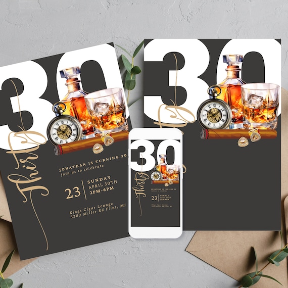 Adult Whiskey and Cigar Birthday Invitation, Editable Any Age Men's Birthday Invite, Printable Bday Invitations, Instant Download