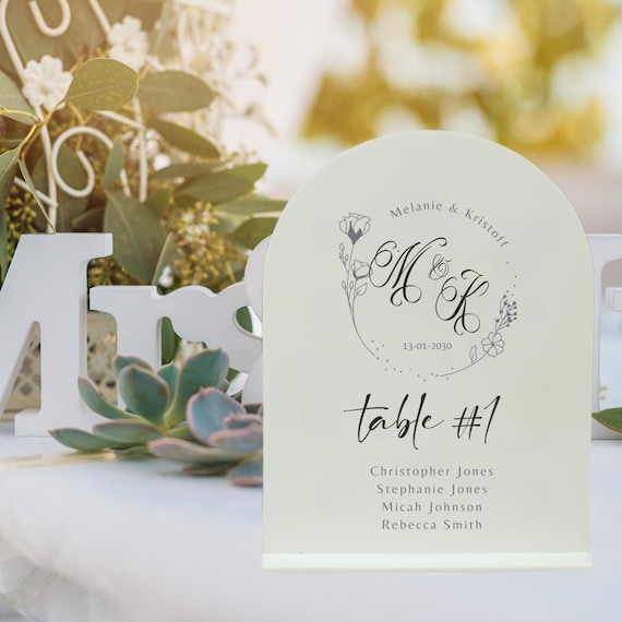 Custom White Acrylic Wedding Table Number Sign | Personalized Monogram Seating Signs | Elegant Party Table Decor
