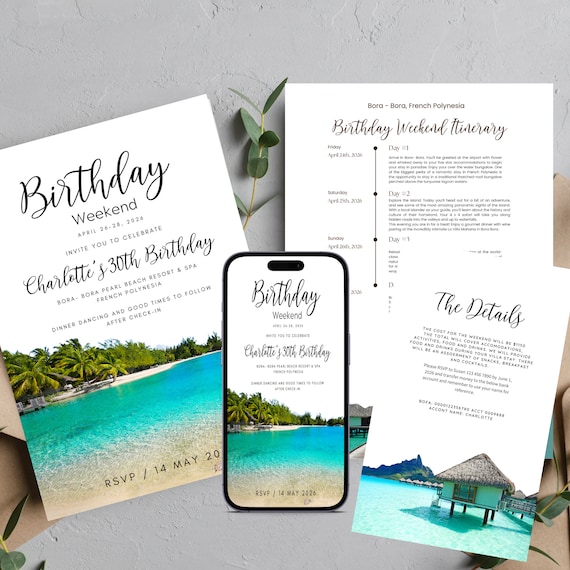Bora Bora Birthday Invitation Template Suite, French Polynesia Birthday Itinerary, Printable Beach Weekend Invite, Instant Download #BBI