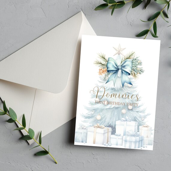 Blue Christmas Tree Birthday Invitation, Editable Birthday Party Invite, Holiday Theme Party Invitations, Blue Tree Boy Template