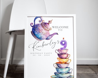 Editable Tea Party Welcome Sign - Customizable Birthday Banner - Colorful DIY Par-tea Decor - Whimsical Tea Signs Template Any Age