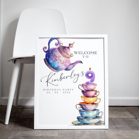Editable Tea Party Welcome Sign - Customizable Birthday Banner - Colorful DIY Par-tea Decor - Whimsical Tea Signs Template Any Age