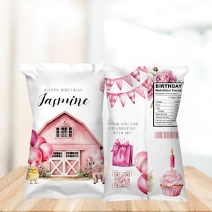 Custom Pink Farm Birthday Chip Bag - Personalized Barnyard Party Labels, Farm Animals Theme, Printable Pink Farmhouse Decor
