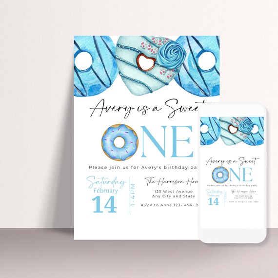 Sweet Blue Donut Birthday Invitation Template - Editable Party Invite, Printable DIY, Customizable Doughnut Theme Invitations, Print Digital
