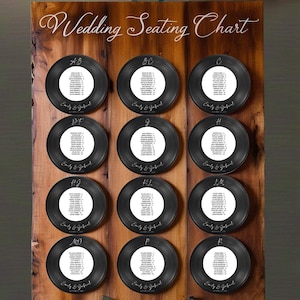 Retro Vinyl Record Wedding Seating Chart – Editable Alphabetical Guest List Sign, Vintage Music Theme Reception Decor, Custom Wedding Sign