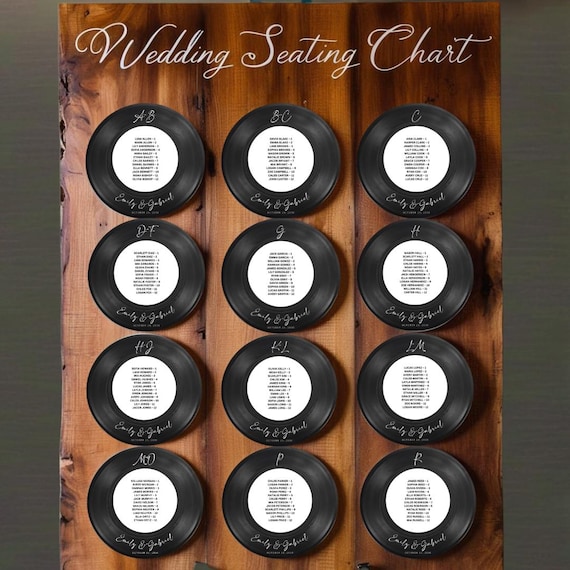 Retro Vinyl Record Wedding Seating Chart – Editable Alphabetical Guest List Sign, Vintage Music Theme Reception Decor, Custom Wedding Sign