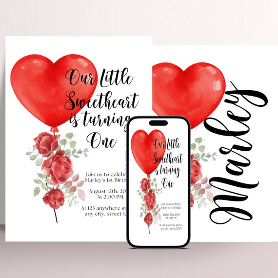 Little Sweetheart Birthday Party Invitation, Valentine Birthday Party Invitations, Red Floral Heart Balloon Invite, Instant Download, #BHF