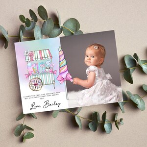Cartão de agradecimento doce de um aniversário, cartões de agradecimento com foto de aniversário de qualquer idade, algodão doce, modelo editável, festa de doces, #SOB