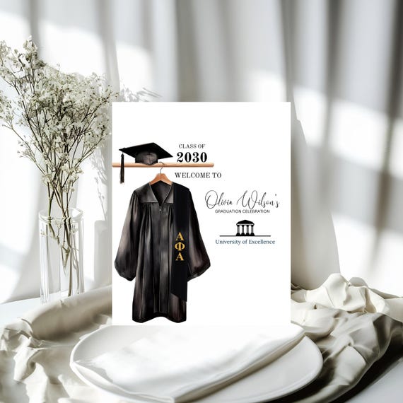 2025 Graduation Welcome Sign | Editable Personalized Grad Party Decor | Black and White Modern Graduation Sign | Custom Graduation Robe