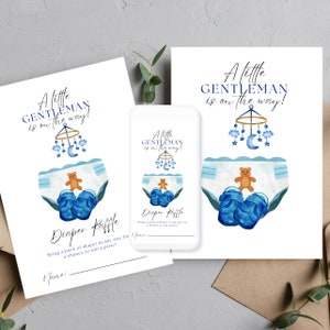 A Little Gentleman Baby Shower Diaper Raffle Template, Boy Baby Shower Printable, Editable Blue Baby Shower Card, Print and Digital