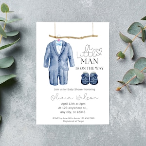Sjabloon uitnodiging babyshower Little Man | Babyshower jongens afdrukbare uitnodiging blauw pakontwerp | Uitnodiging voor babyshower direct downloaden