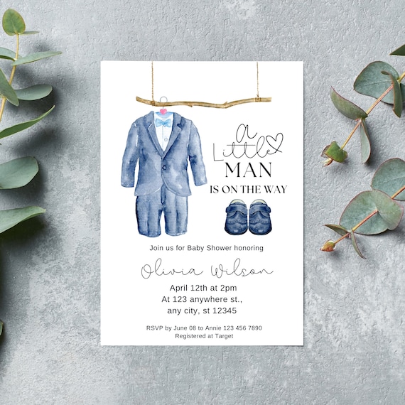 Little Man Baby Shower Invitation Template | Boy Baby Shower Printable Blue Suit Design Invite | Instant Download Baby Shower Invitation