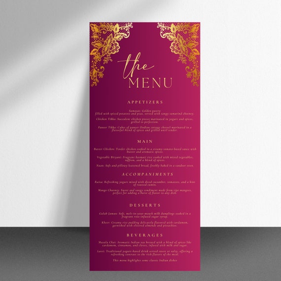 Editable Indian Wedding Dinner Menu Template - Traditional Red and Gold Design, DIY Ethnic Menu - Elegant and Customizable