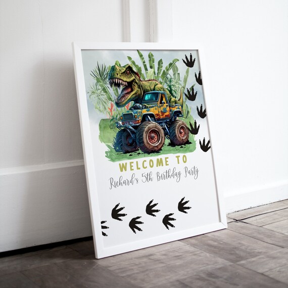 T Rex Dinosaur Monster Truck Birthday Welcome Sign, Boys Printable T Rex Banner, Editable Dinosaur Birthday Party Signs, Print and Digital