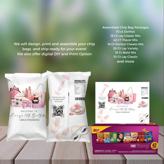 Chic Pink Birthday Weekend Chip Bag - Girls Getaway, Spa Day, Cruise, Ladies Night Out - Printable Vacation Template, Party Chi Bag Labels