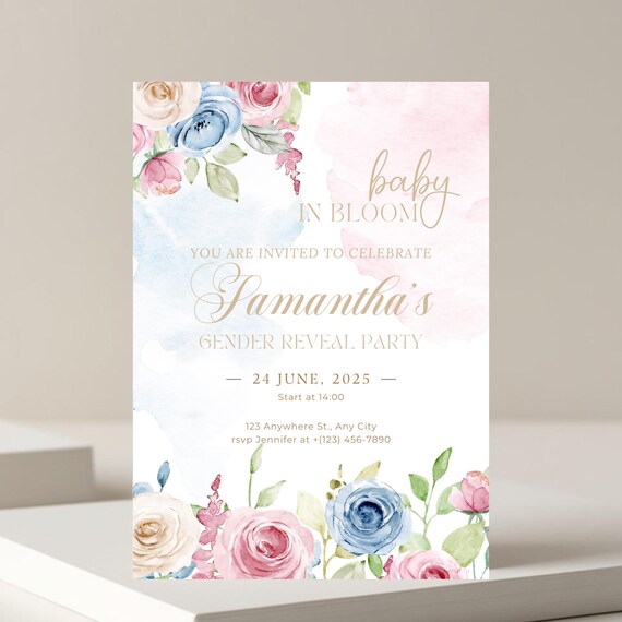 Pastel Floral Gender Reveal Invitation | Editable Baby Shower Invite | Spring Baby Reveal | Pink and Blue Flowers Invitation | Gender Reveal